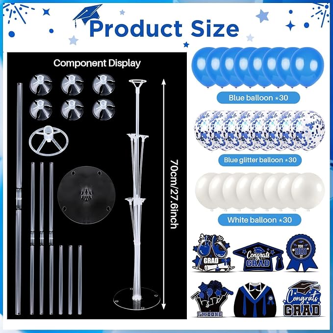 6 Sets Blue Graduation Balloon Stand Kit for Table Decorations Class of 2025 Congrats Grad Table Centerpiece Grad Prom Themed Decoration for Grad School & College Ceremonies Party Supplies