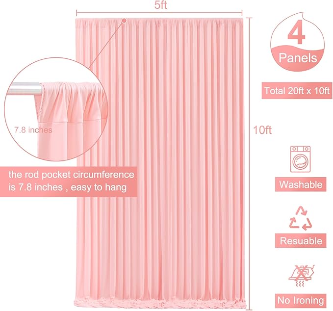 4 Panels Blush Pink Backdrop Curtain for Parties Pink Wrinkle Free 20ft x 10ft Backdrop Drapes for Baby Shower Wedding Birthday Photo Gender Reveal Photography Polyester Fabric Background Decoration