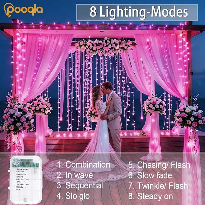 Pooqla 4 Pack String Lights Battery Operated, Total 66.6ft 200 LED Fairy Lights Indoor Outdoor Decorations, 8 Modes Pink Battery Lights for Bedroom Classroom Porch Party Yard Wedding Decor