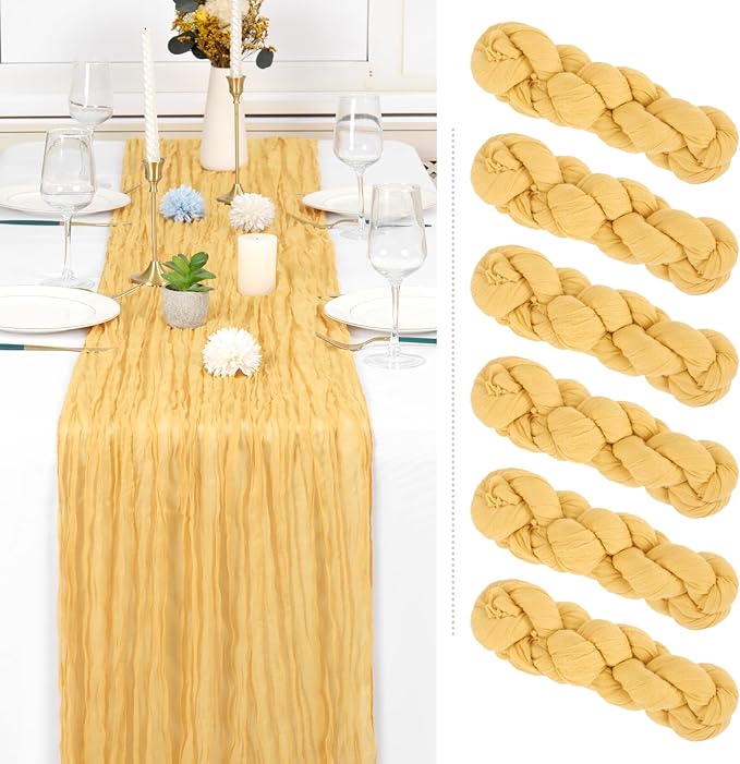Showgeous 6 Pack Sand Cheesecloth Table Runner Gauze Table Runner 10FT Long Semi-Sheer Table Runner Boho or Rustic Wedding Table Decor for Wedding Decor Arch Draping Bridal Shower Holiday Party