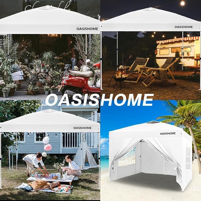 OASISHOME Pop-up Gazebo Instant Portable Canopy Tent 10'x10', with 4 Sidewalls, Windows, Wheeled Bag, for Patio/Outdoor/Wedding Parties and Events (10FTx10FT, White)