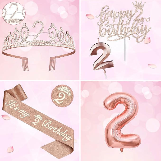 2nd Birthday Decorations for Baby Girls, Including 2nd Birthday Sash and Tiara, Cake Topper and Candle, Number Balloon, 2 Year Old Gifts for Girls