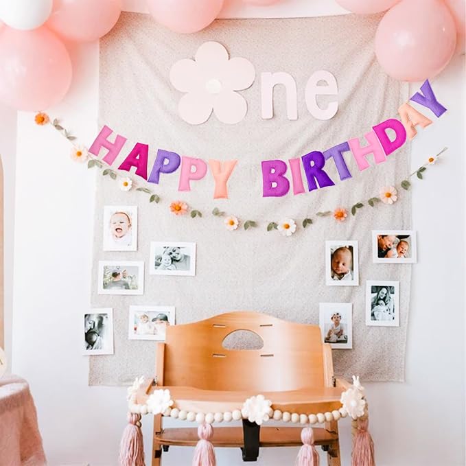 Pre-Strung Happy Birthday Banner - Felt Ball Garland - HAPPY BIRTHDAY Garland, Pink Birthday Decorations, Personalized Happy Birthday Sign for Birthday Decor, Party Decor, Photo Prop (Pink)