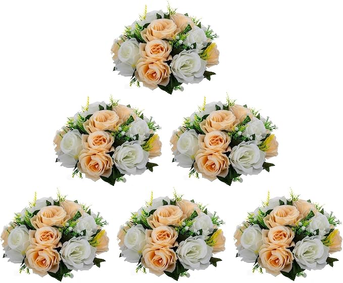 Artificial Flower Centerpieces for Tables - 6pcs of Rose Balls, Classic Kissing Floral Balls, Fake 15-head Plastic Roses with Base for Birthday Party Christmas Home Wedding Decor(Champagne White)