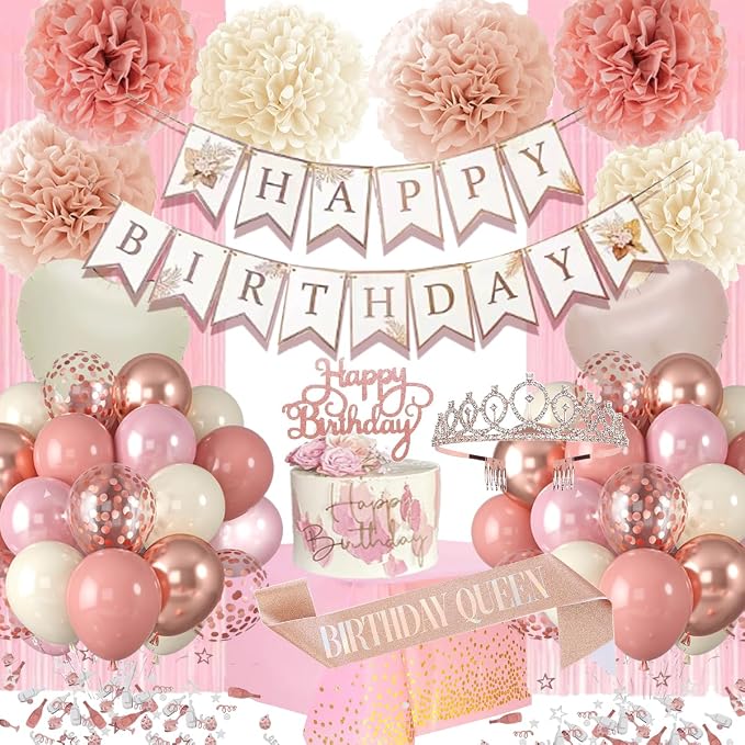 Birthday Decorations Set, Pink Party Decoration with Vintage Pink Balloons, Banner, Pom Poms, Fringe Curtain Background, Birthday Crown, Shoulder Strap for Girls Women Boho Party Supplies
