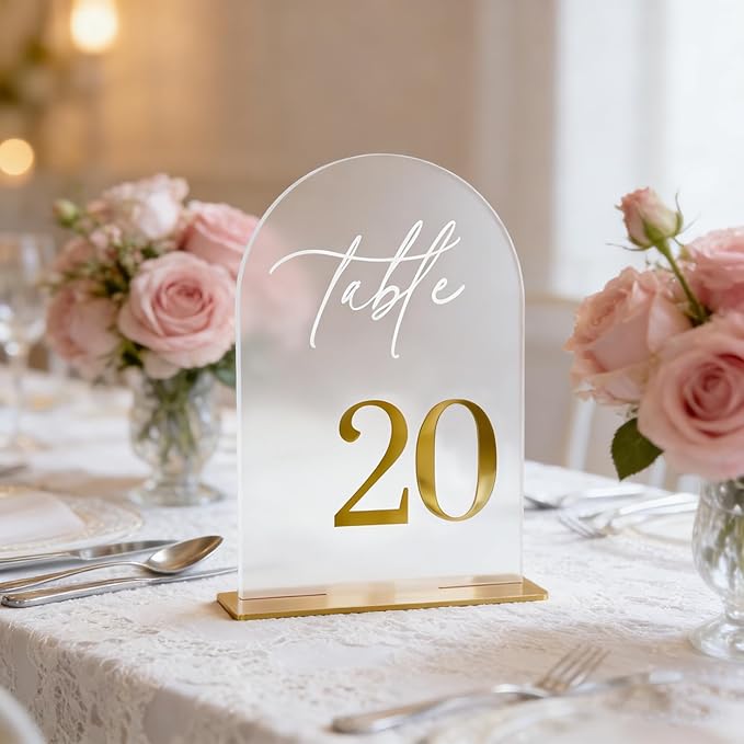 Frosted Wedding Table Numbers 1-20 with Stands, Elegant Gold Number Arch Acrylic Signs with Holder, 5.5" x 7" Gold 3D Table Numbers for Wedding Reception, Party, Anniversary, Events