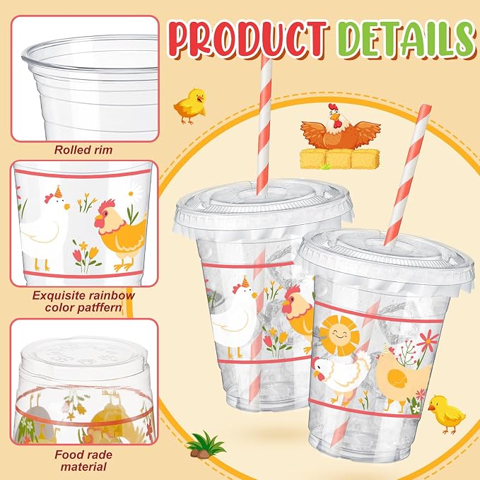 FoldTier 50 Pcs 12 oz Chicken Party Cups Disposable Plastic Cup with Straw, Lid and Leakproof Paper Clear Farm Animal Flower Little Chick Birthday Party Baby Shower Cups Supplies Table Decorations