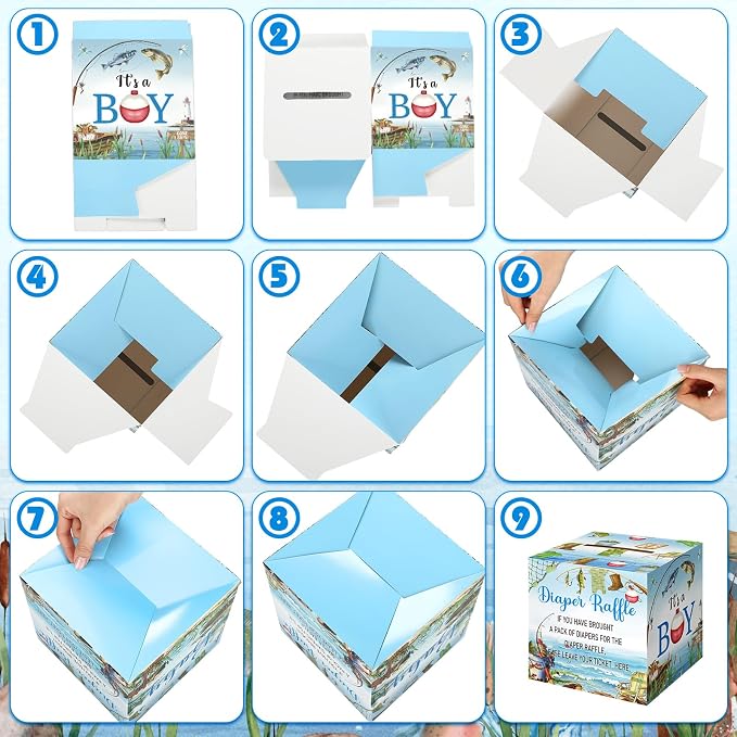 Teling 51 Pieces A Little Fisherman is on the Way Diaper Raffle Tickets with Card Box Baby Shower Decorations Gender Reveal Holder Box for Girl Boy Diaper Raffle Party