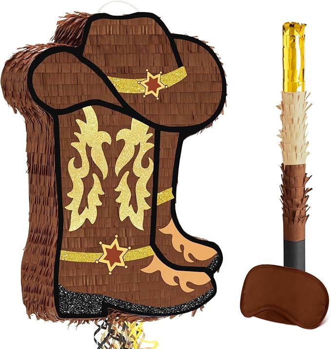 WERNNSAI Western Cowgirl Boot Piñata - Cowboy Hat Piñata Game Western World Theme Party Decorations for Adults Kids Birthday Farm Horse Rodeo Party Supplies with Bat Blindfold