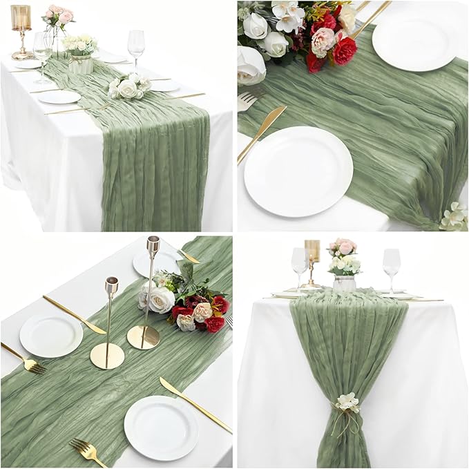 15 Pack Cheesecloth Table Runner 6FT Gauze Cheese Cloth Table Runner 35x 72Inch Boho Table Runners Romantic Table Cover for Wedding Birthday Party Engagement Bridal Baby Shower Table Decor(Sage Green)