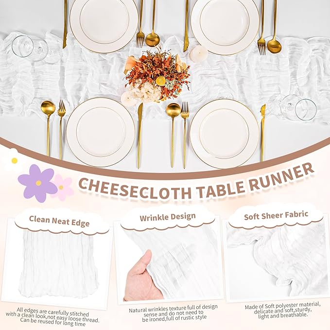 6 Pack Cheesecloth Table Runner,White Table Runner Long Romantic Semi Sheer Rustic Boho Gauze Table Runners for Wedding Bridal Shower Birthday Party Decorations(17.7×108 Inch)