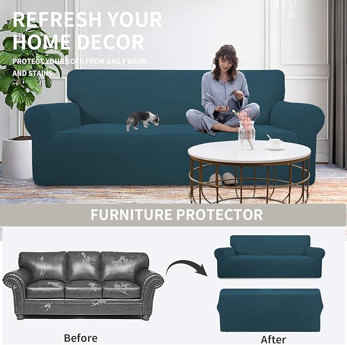 Easy-Going Stretch 4 Seater Sofa Slipcover 1-Piece Sofa Cover Furniture Protector Couch Soft with Elastic Bottom for Kids, Polyester Spandex Jacquard Fabric Small Checks Deep Teal
