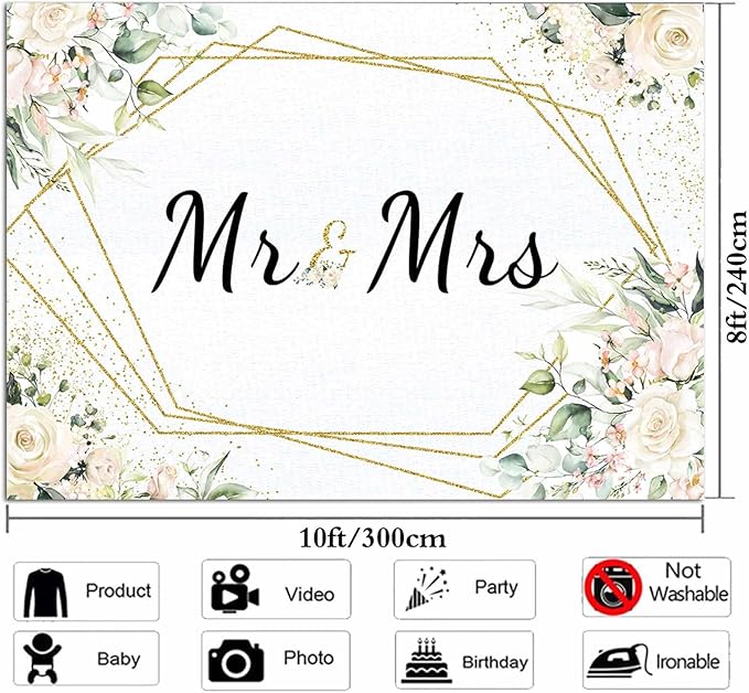 10x8FT Mr & Mrs White Floral Bridal Shower Backdrop Mr Mrs Wedding Theme Photo Backgrounds Wedding Bride to Be Engagement Photography Backdrops Prom Party Banner Decor Party Banner Photo Booth Prop