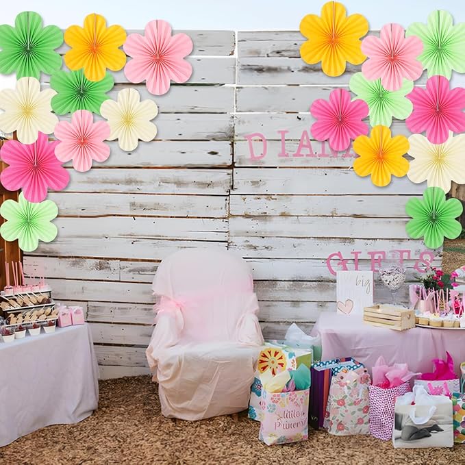 DODOKIM Paper Fans Party Decorations Paper Flowers Decorations for Wall Floral Backdrop Classroom Baby Shower Birthday Party Flower Wall Decor Pack of 18 Pink Green Yellow