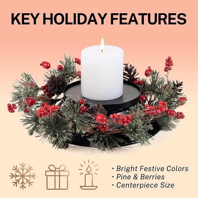 MOYEE Christmas Winter Centerpieces for Tables Candle Ring, Black Metal Candlestick with an Artificial Wreaths 14 in Versatile Dining Table Centerpiece Decor (Pine Needle Wreath)