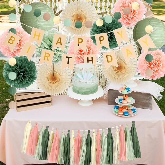 Sage Green and Peach Birthday Decorations Boho Beige Peach and Olive Green Birthday Decorations for Women Girls Cream Fans Pom Poms Sage Olive Pink Cream Tassel Garland Party with Banner Beige Gold