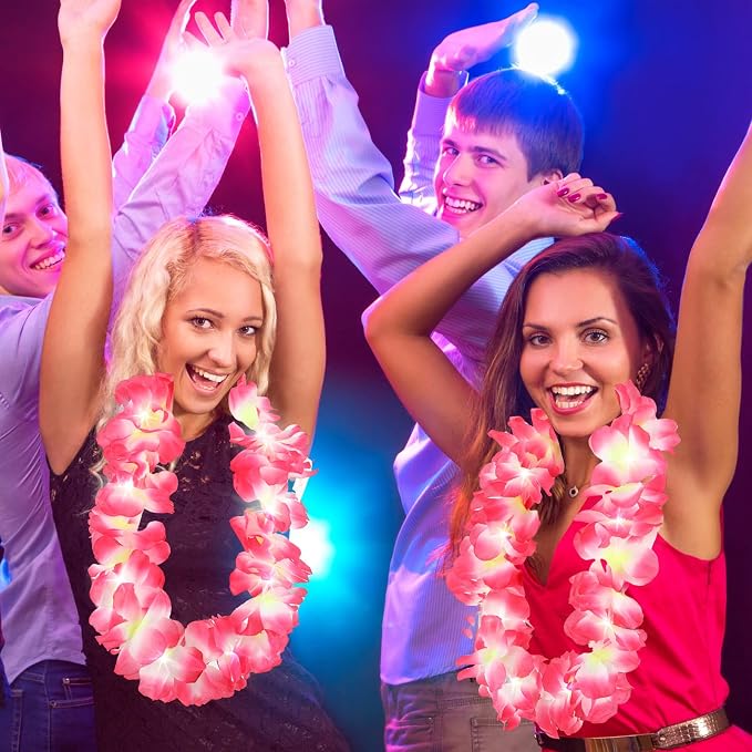 Sherr 48 Pcs LED Hawaiian Leis Light up Flower Leis Necklace with LED Lights Luau Flowers Necklaces for Masquerade Beach Wedding Tropical Themed Party Supplies(Pink)