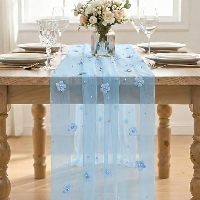 Artoid Mode Blue Flower Pearl Blue Gauze Table Runner 10FT 3PC, Seasonal Sheer Dining Holiday Wedding Birthday Baby Shower Table Decor for Home Party