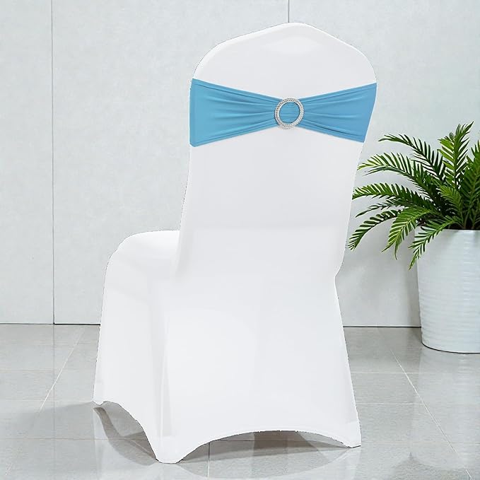 MDS Pack of 100 Spandex Chair Sashes Bow Premium Stretch Chair Cover Band with Buckle Slider Universal fits Elastic Dining Chair Ties for Wedding Party Banquet Events Decoration - Blue