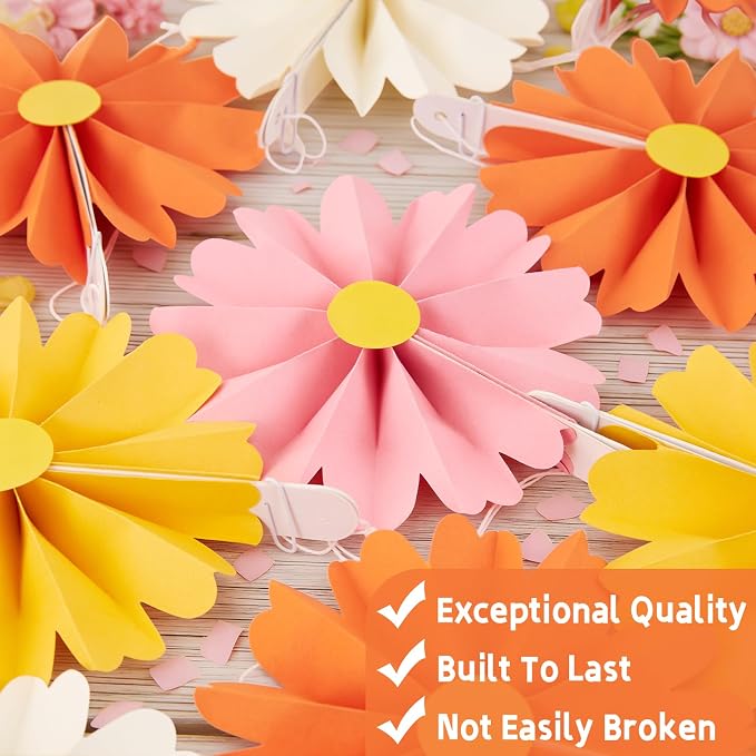 SUNBEAUTY 15Pcs Daisy Paper Fans Party Decorations for Wall, Reusable Pink and Orange Paper FlowersSpring Summer Mini Fan Hanging Paper Floral Decor for Girls Women Birthday Party Backdrop - 6inch