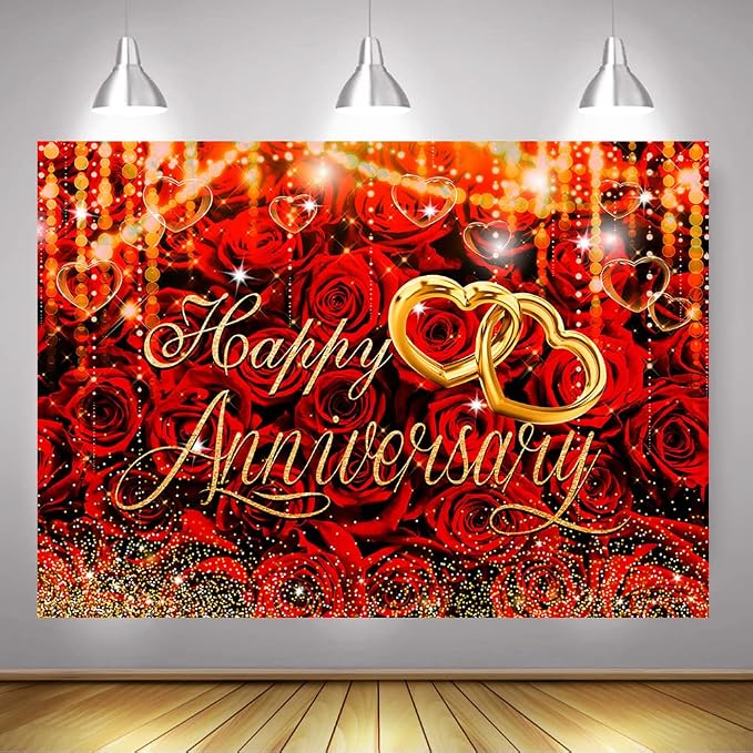 Mocsicka 7x5 ft Happy Anniversary Backdrop Wedding Anniversary Party Decoration Red Rose Floral Gold Bokeh Heart Background for Wedding Couple Love Party Supplies (Red, M-(82x60 inch))