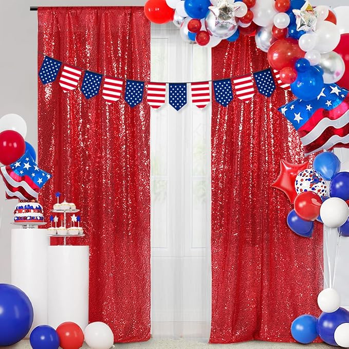 PartyDelight Red Sequin Backdrop Curtains 2x8ft 2 Panels | 3mm stitched sequin curtain with 4 inch rod pocket for 2x8ft 2 panel doorway window side drape narrow photo booth strip