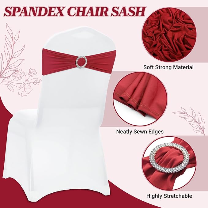 VDS - Apple Red | Spandex Chair Sashes Bows | 150 PCS | Stretch Elastic Banquet Universal Folding Chair Band Tie with Silver Buckle Slider for Wedding Party Conference Celebration Event Decoration