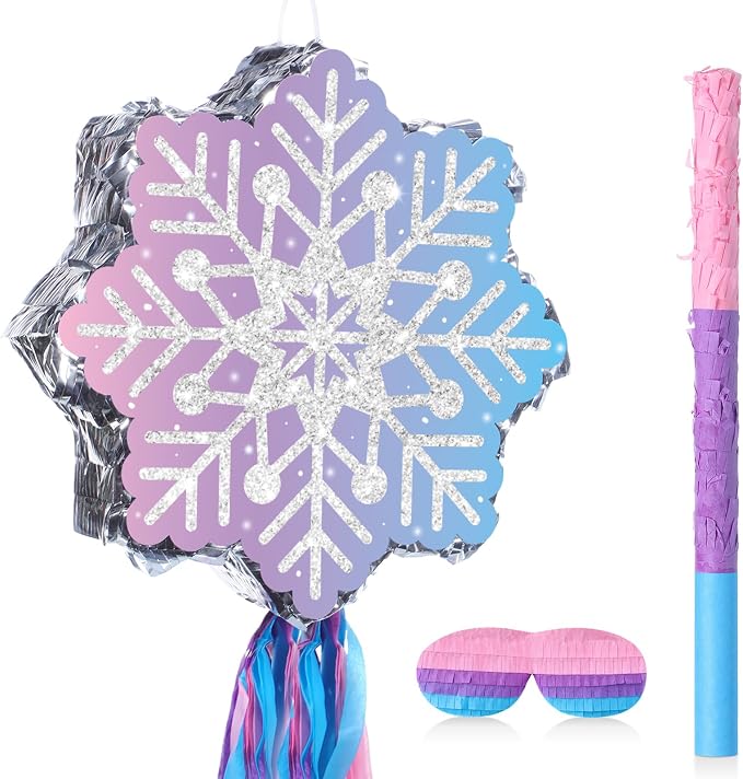 VioraWhite Snowflake Piñata Snowflake Birthday Decorations Wonderland Birthday Party Supplies Piñata with Blindfold Stick for Princess Party Supplies Decorations