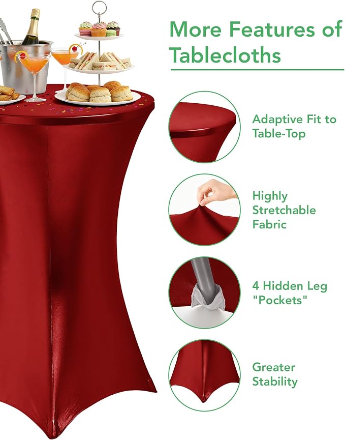 Cocktail High Top Table Covers - 32x43 Inch Fitted Spandex Round Cocktail Tablecloth for Bar Height Standing Table Cloths Reusable, for Party Wedding Banquet Event Decorations, Shiny Red, 8 Pack