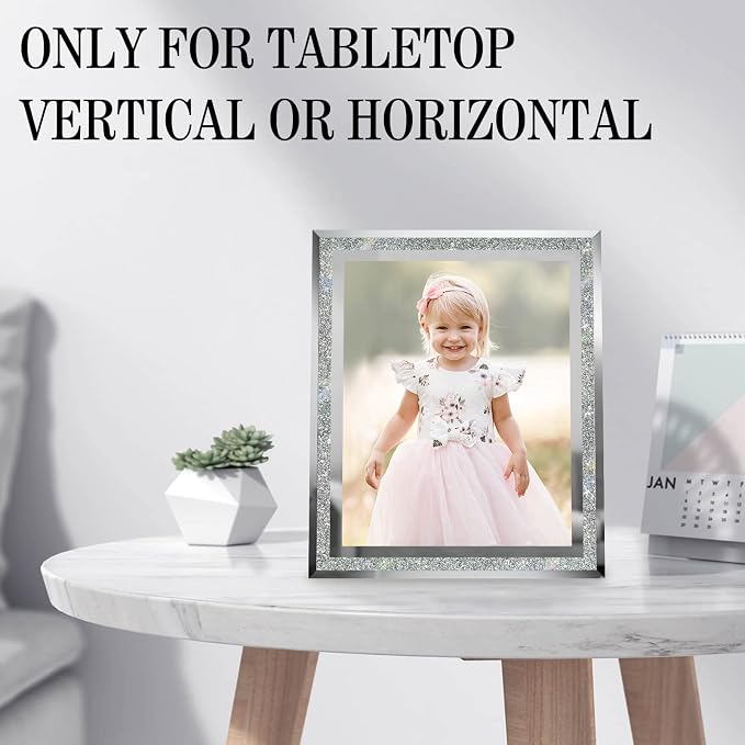 HIKWADERY 8x10 Picture Frames Silver - Set of 2, Sparkle Real Glass 8 by 10 Photo Frame Mirrored Edge Great Gift, for Tabletop Display, Wedding Birthday Mothers Day Gifts (8 x 10, Glitter Silver)