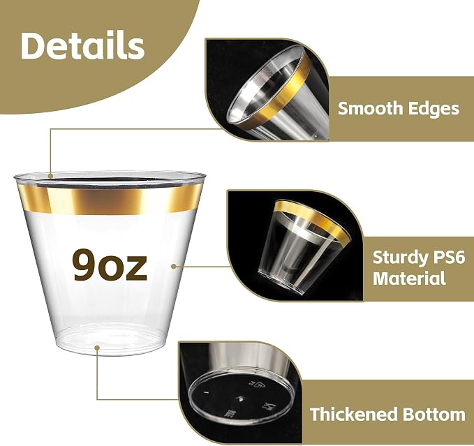 Byvivace 100Counts 9 OZ. Disposable Cups Old fashioned Party Tumblers, 9 Ounce Squat Cups Gold Rimmed Hard Plastic Party Wedding Cups with Gold Rim