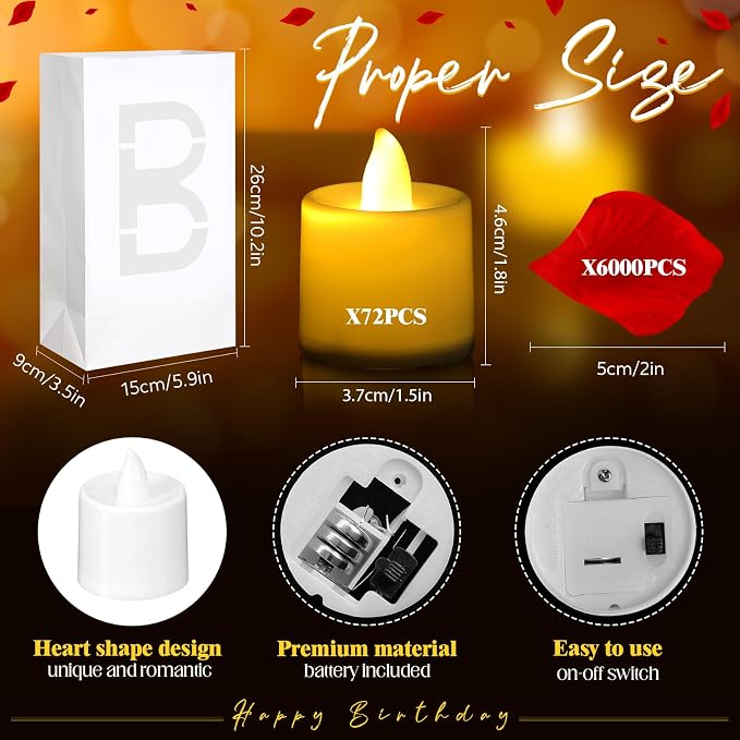 Aurelema 6085 Pcs Happy Birthday Light Up Letters with LED Flameless Tealight Candle Red Rose Petal Letter Luminary Paper Bag for Decoration Party Romantic Night Decor for Women Men
