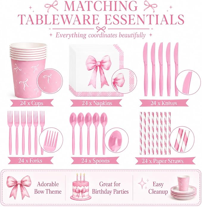 Glitter Diamond Theme Party Gold Plate Napkins Birthday Party Supplies Disposable Birthday Dinnerware Set,Girls Birthdays Party Plates Sets With Cups Forks knives Serve 24 (Pink Bow, 24)
