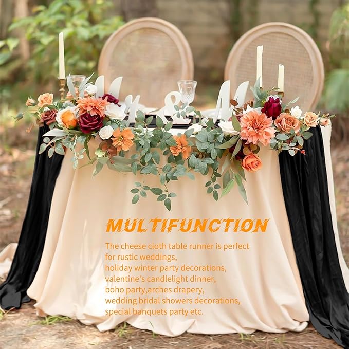 20 Pack Cheesecloth Table Runner - 17x108 Inch Black Boho Gauze Cheese Cloth Table Runners for Baby Bridal Shower Decoration Wedding Party Summer Garden Farmhouse