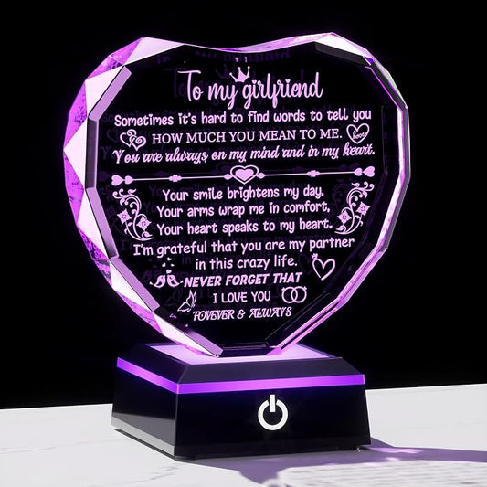 Arikyrist Gifts for Girlfriend Heart Crystal Keepsakes to My Girlfriend with Colorful Base Anniversary Birthday Graduation Gifts for Girlfriend from Boyfiend