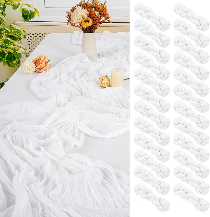 24 Pack White Cheesecloth Table Runner,10FT Gauze Boho Long Cheesecloth Table Runners 20x120inch Rustic Cheese Cloth Table Runner for Wedding Party Bridal Shower,Table Decorations