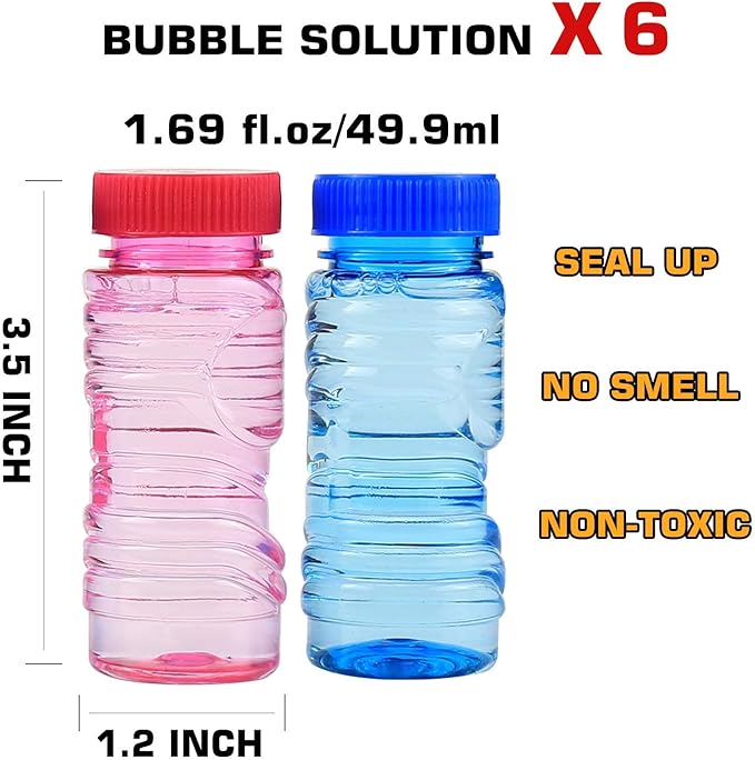 6 Pcs Bubble Gun Shooter LED Light up(no Batteries Needed), Wind up Operated Bubbles Blaster Blower with Bottle Solutions, Bubble Blowing Toy kit for Kid Boy and Girl Outdoor Summer Game Party Favor