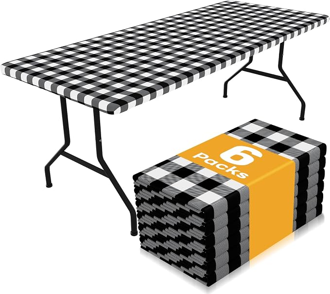 Smiry Picnic Table Cloth 6 Pack, Waterproof Elastic Fitted Tablecloths for 8FT Rectangle Tables, Washable Polyester Buffalo Plaid Tablecloth for Camping, Dining & Outdoor (Black & White, 30" x 96")