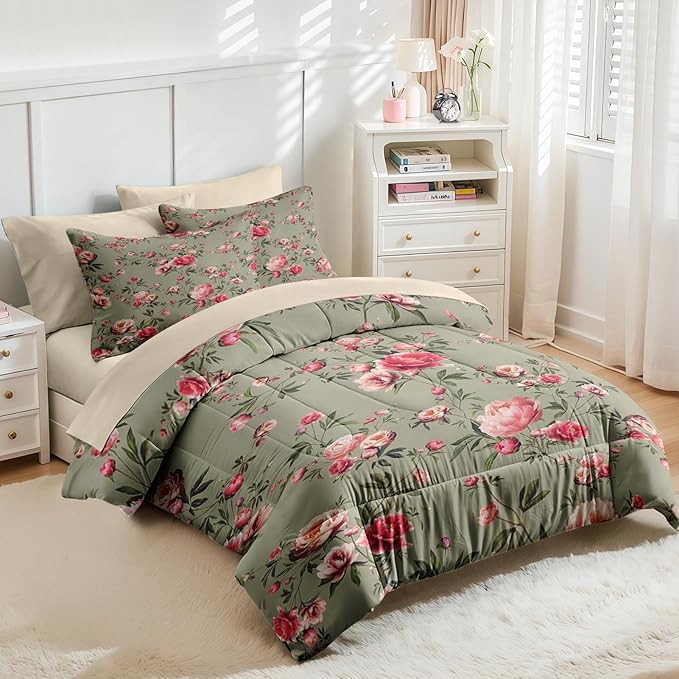 Nesker 5 Pcs Comforter Set Twin Size, Vintage Floral Beige Bedding Set for Kids and Adults, Rose Flower Pink Bed Sheet Sets with Fitted Sheet Pillowcases & Shams