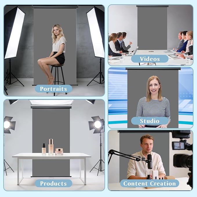 Retractable Gray Photography Backdrop 36" x 59", Portable Roll-Up, Pull-Down Background, Auto-Lock Backdrop Screen for Passport Photo, Product Photography, Headshots, Video Studio