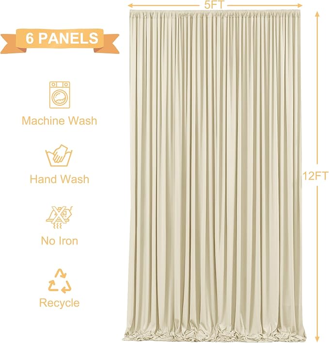 6 Panels Backdrop Curtains for Wedding Party Wrinkle Free Beige Backdrops Curtain Drapes Fabric Decorations Photo Back Drop Cloth for Baby Shower Photography Stage Reception 30ft(W) x 12ft(H)