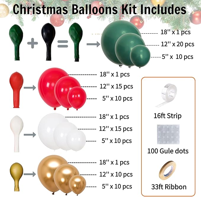 Christmas Balloon Arch Kit 140pcs Double Stuffed Green Red White & Gold Balloons Garland, Merry Christmas Balloons Arch Decorations for Holiday Party Backdrop & Merry Xmas Balloons Decor Supplies