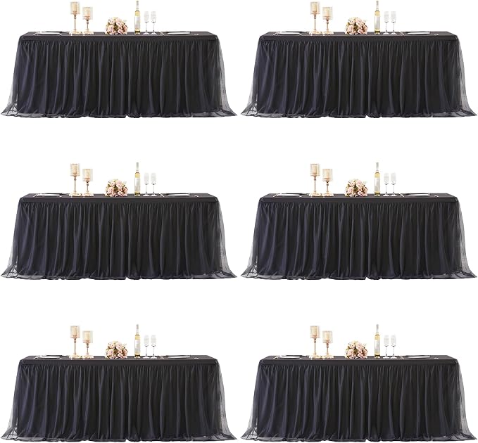 Black Tablecloth for 8 Foot Rectangle Tables, Ruffle Tulle Table Skirt for Rectangle Table 8ft Tables Cover Fitted Banquet Birthday Party Wedding Tablecloth Elastic Stretch