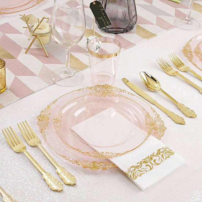 Hioasis 175pcs Pink and Gold Plates - Pink Party Plates for 25 Guest, Include 50 Heavy-duty Plates(20% Thicker Than Standard), 75 Cutlery Set, 25 Napkin, 25 Cups for Party & Easter