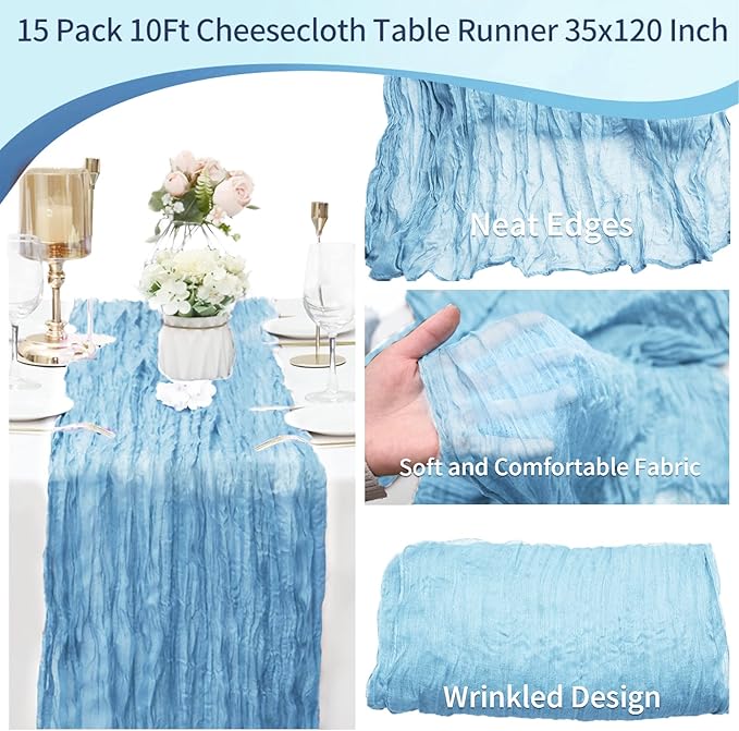 15 Pack Baby Blue Cheesecloth Table Runner 10Ft Gauze Cheese Cloth Table Runner 35x120Inch Boho Table Runners for Wedding Birthday Party Anniversary Engagement Bridal Baby Shower Reception Table Décor