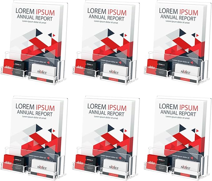 NIUBEE 6-Pack Acrylic Brochure Holder 8.5*11 inches , Clear Brochure Display Stand with Acrylic Business Card Holder, Plastic Flyer Display Stand for Magazine, Pamphlet, Booklets, Menu, Journals