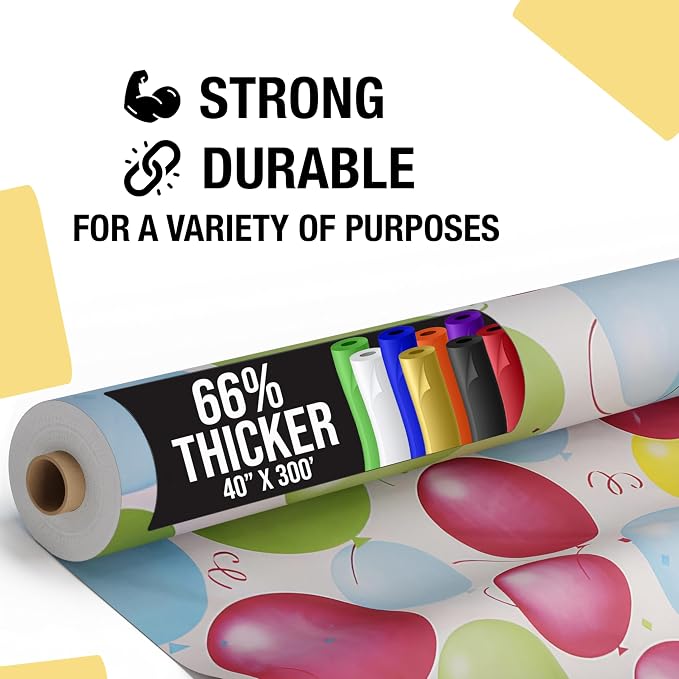 Party Solids 66% Thicker Premium Balloon Print Plastic Table Cover Roll 40" X 300' Table Cloth Plastic Cover Roll Quality Thick Banquet Rolls Disposable Tablecloth Rolls Strong American Based Company