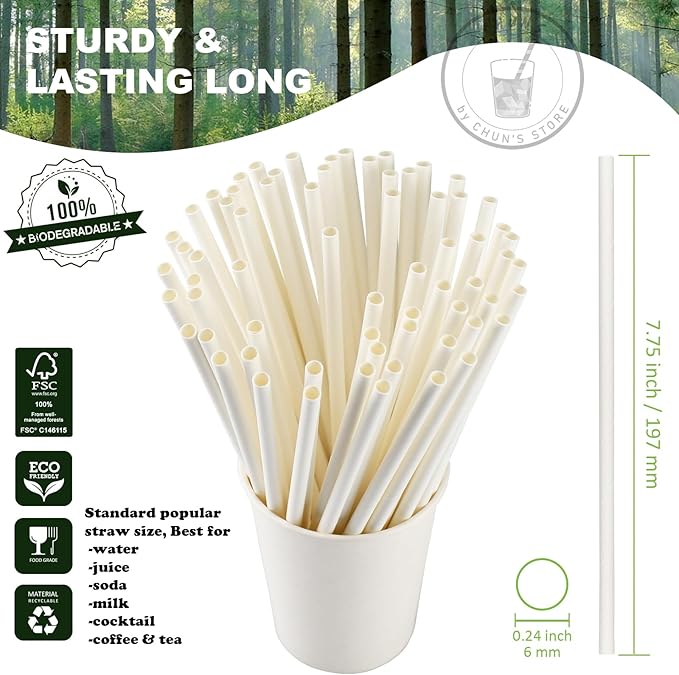 White Paper Drinking Straws Bulk, 1000 Counts, 7.75" Long, 0.24" Diameter - Restaurants and Bars Pack