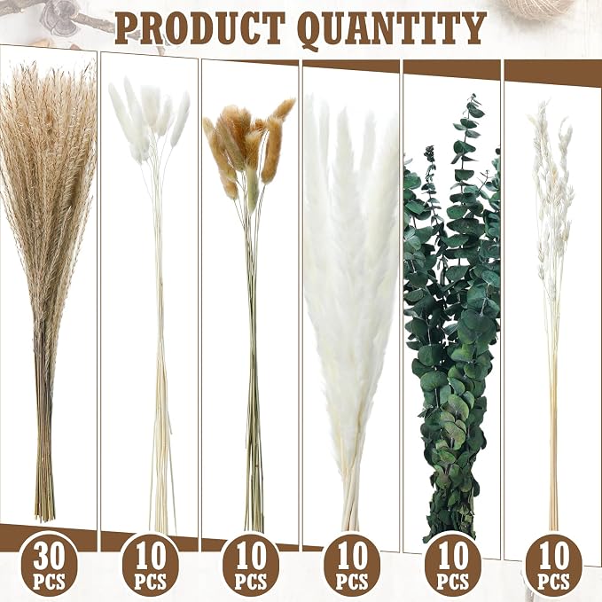 Qinyoung 10 Set Dried Pampas Grass Centerpiece for Wedding Baby Shower Party 10 Glass Flower Jars 10 Artificial Roses 80 Dried Pampas Grass with Rope for Rustic Bridal Farmhouse Decoration(Pink)