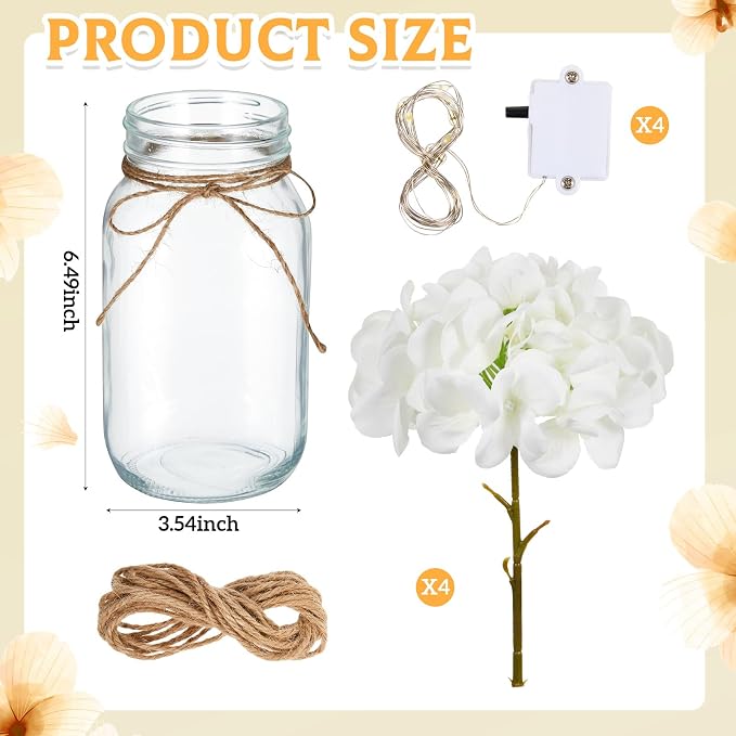 4 Sets Mason Jar Centerpiece with LED Lights and White Hydrangea Fake Flowers Vase for Wedding Bridal Shower Party Coffee Table Decor